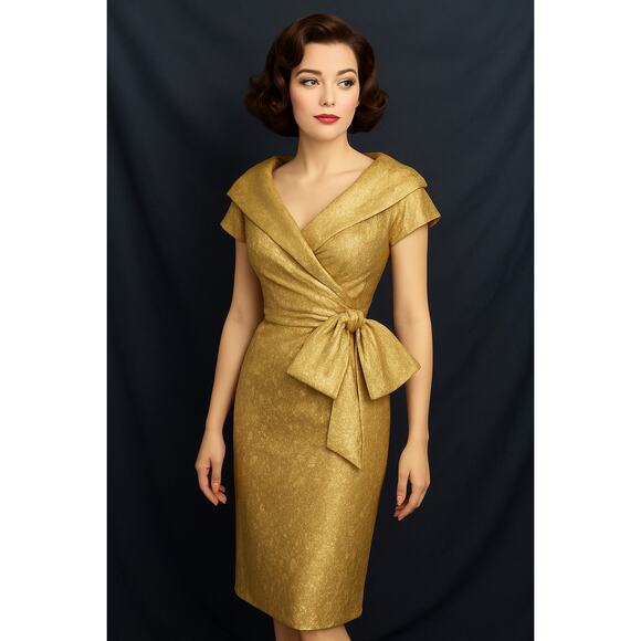 Vintage Couture Gold Brocade Cocktail Dress Cream M Bow Pouf Collar Short Sleeve - Picture 9 of 10